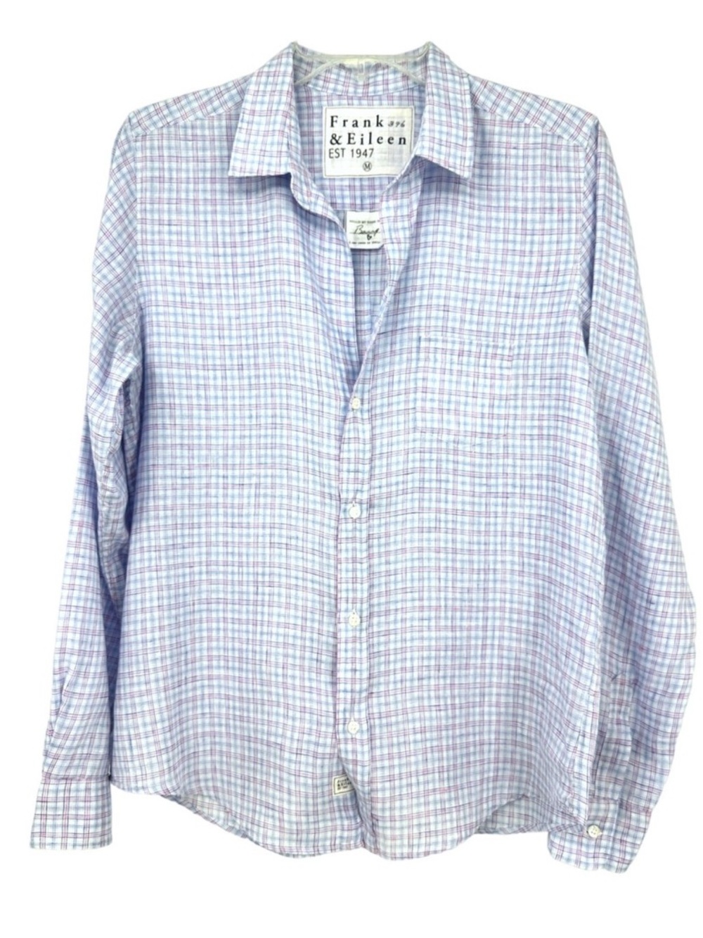 Frank & Eileen Barry Top Linen Button Down Blue Pink Plaid Blouse Size L